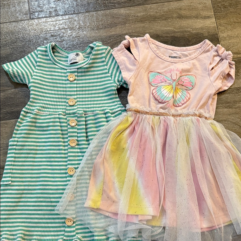 3T Striped Green and Pink Butterfly Kids Dress Set